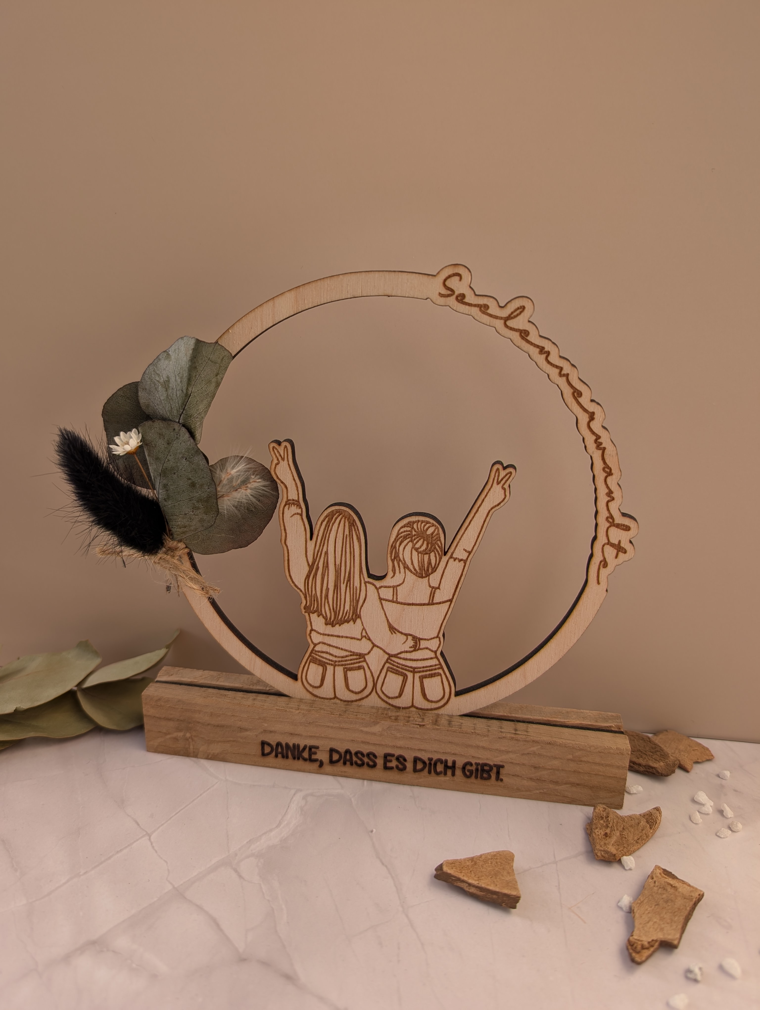 Holz-Aufsteller „Seelenverwandte“ mit Trockenblumen – „Danke, dass es dich gibt“ – Geschenk für die beste Freundin