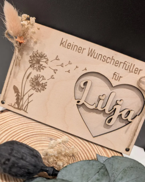 Wunscherfüller personalisiert mit Namen | Holz & Trockenblumen | Geschenkidee 