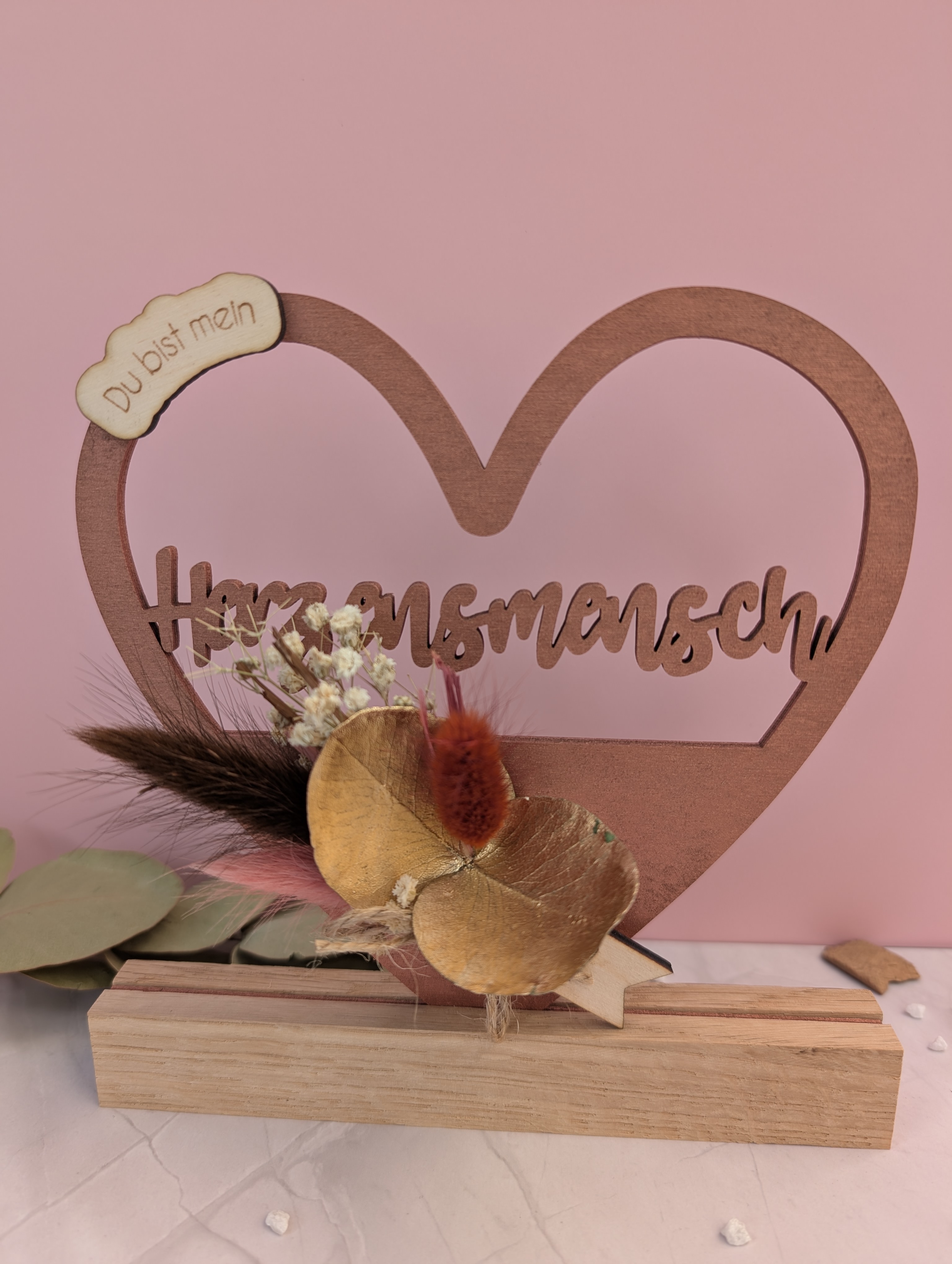 Herzenslicht aus Holz – „Du bist mein Herzensmensch“ mit Trockenblumen