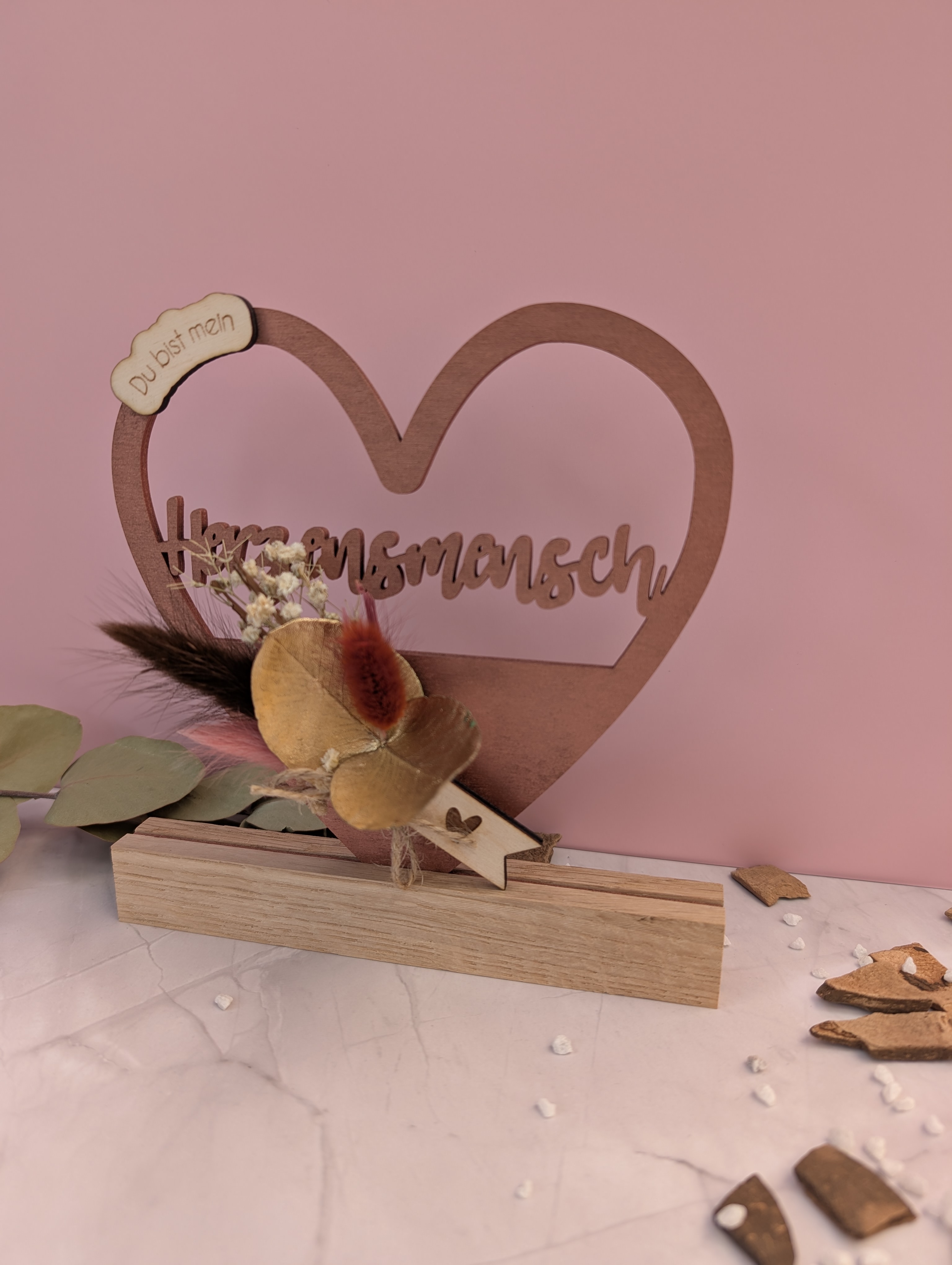 Herzenslicht aus Holz – „Du bist mein Herzensmensch“ mit Trockenblumen