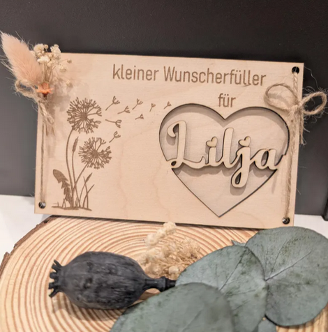 Wunscherfüller personalisiert mit Namen | Holz & Trockenblumen | Geschenkidee 
