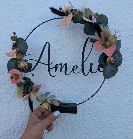 Personalisierter Trockenblumenring mit Name aus Holz | Geschenk zur Geburt & Hochzeit | Türkranz Boho 