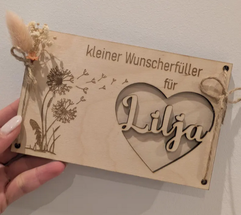 Wunscherfüller personalisiert mit Namen | Holz & Trockenblumen | Geschenkidee 