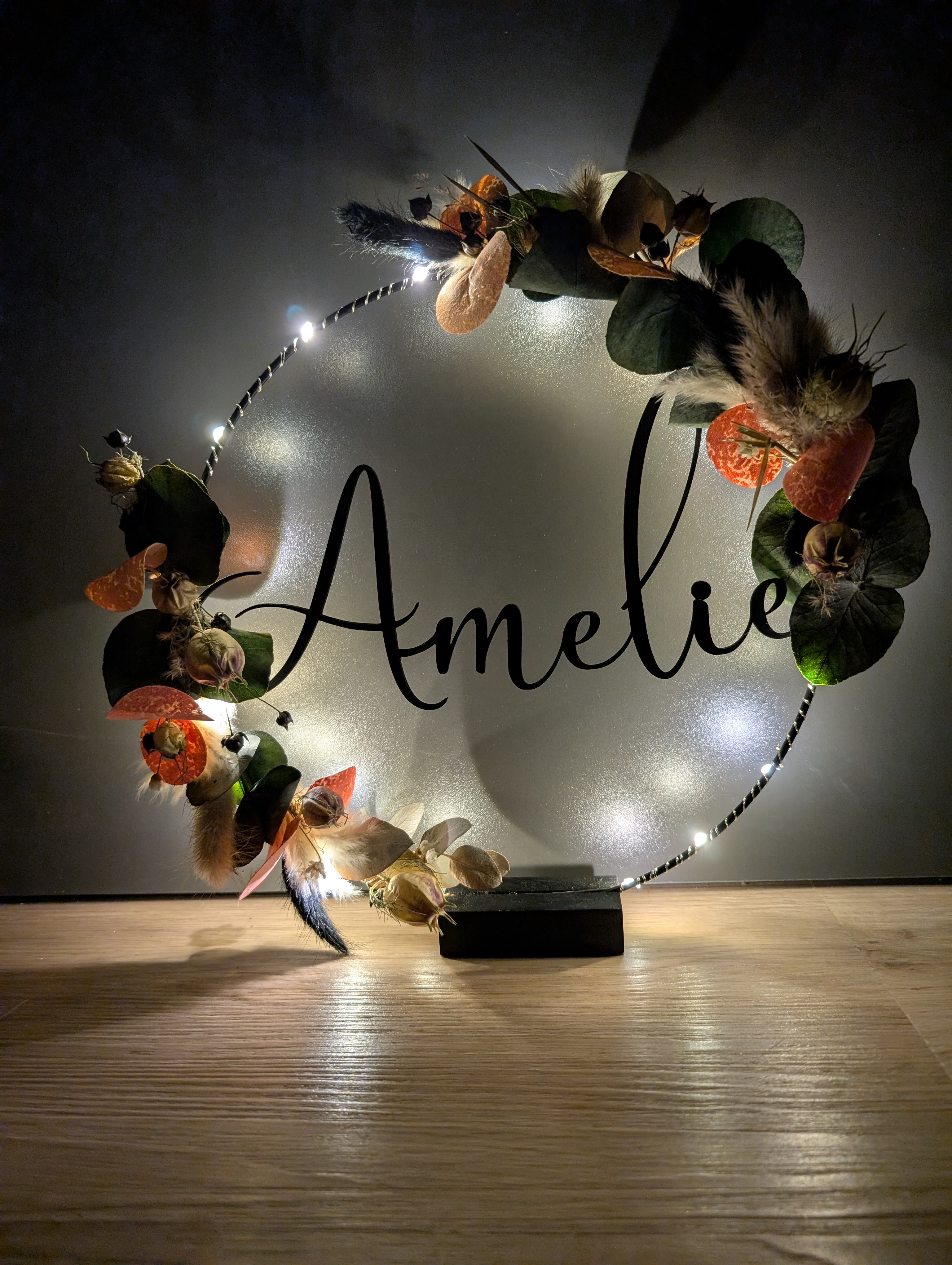 Personalisierter Trockenblumenring mit Name aus Holz | Geschenk zur Geburt & Hochzeit | Türkranz Boho 