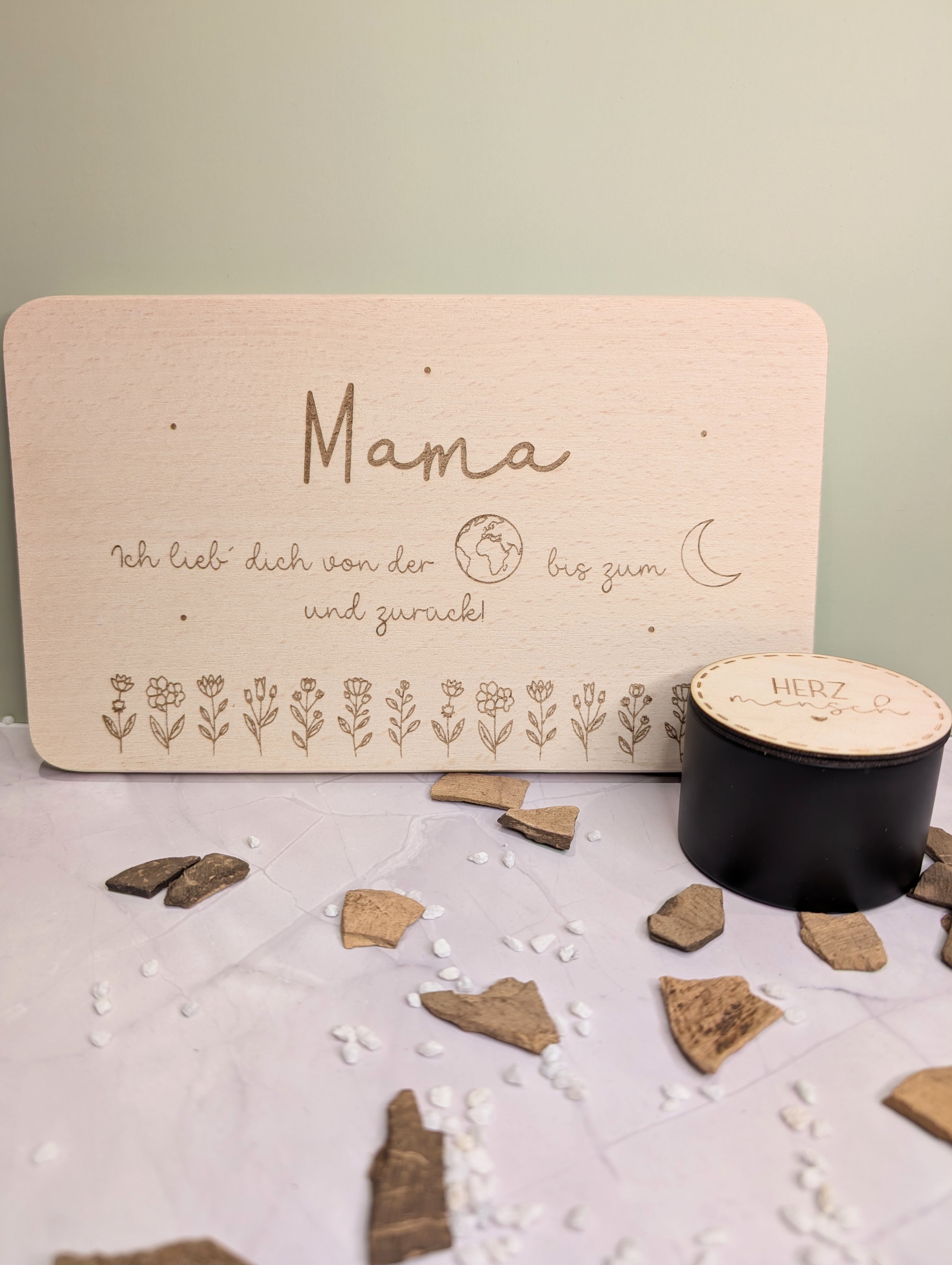 Geschenk Set für Mama – graviertes Schneidebrett & Duftkerze Mango & Mandarin personalisiert