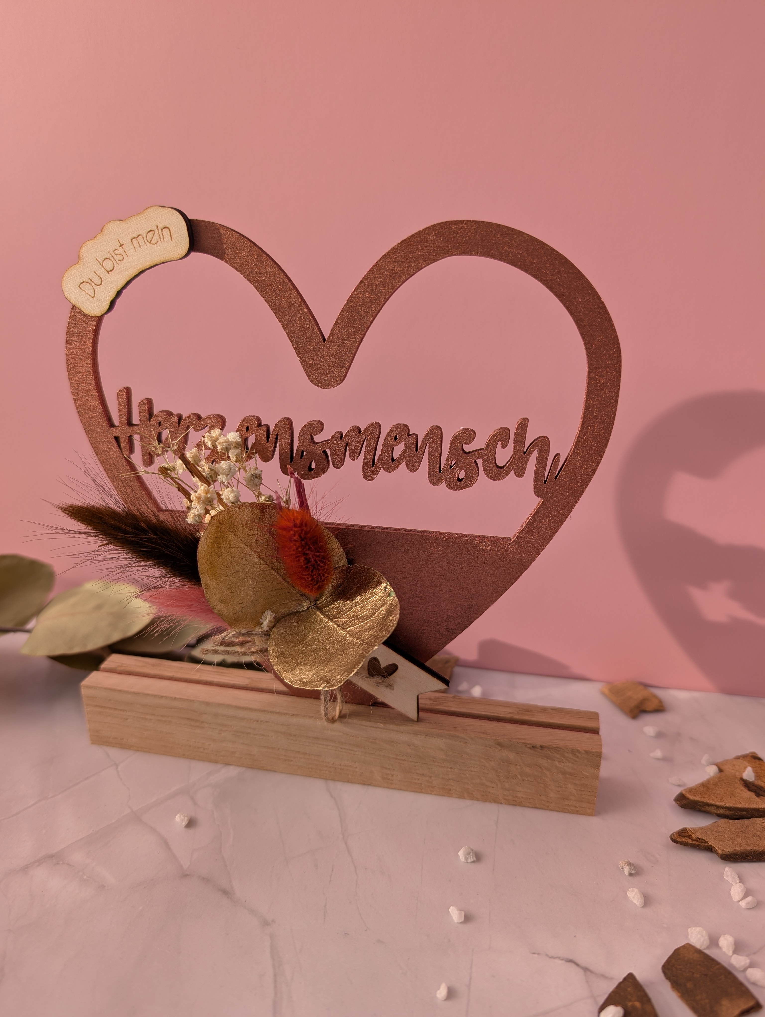 Herzenslicht aus Holz – „Du bist mein Herzensmensch“ mit Trockenblumen
