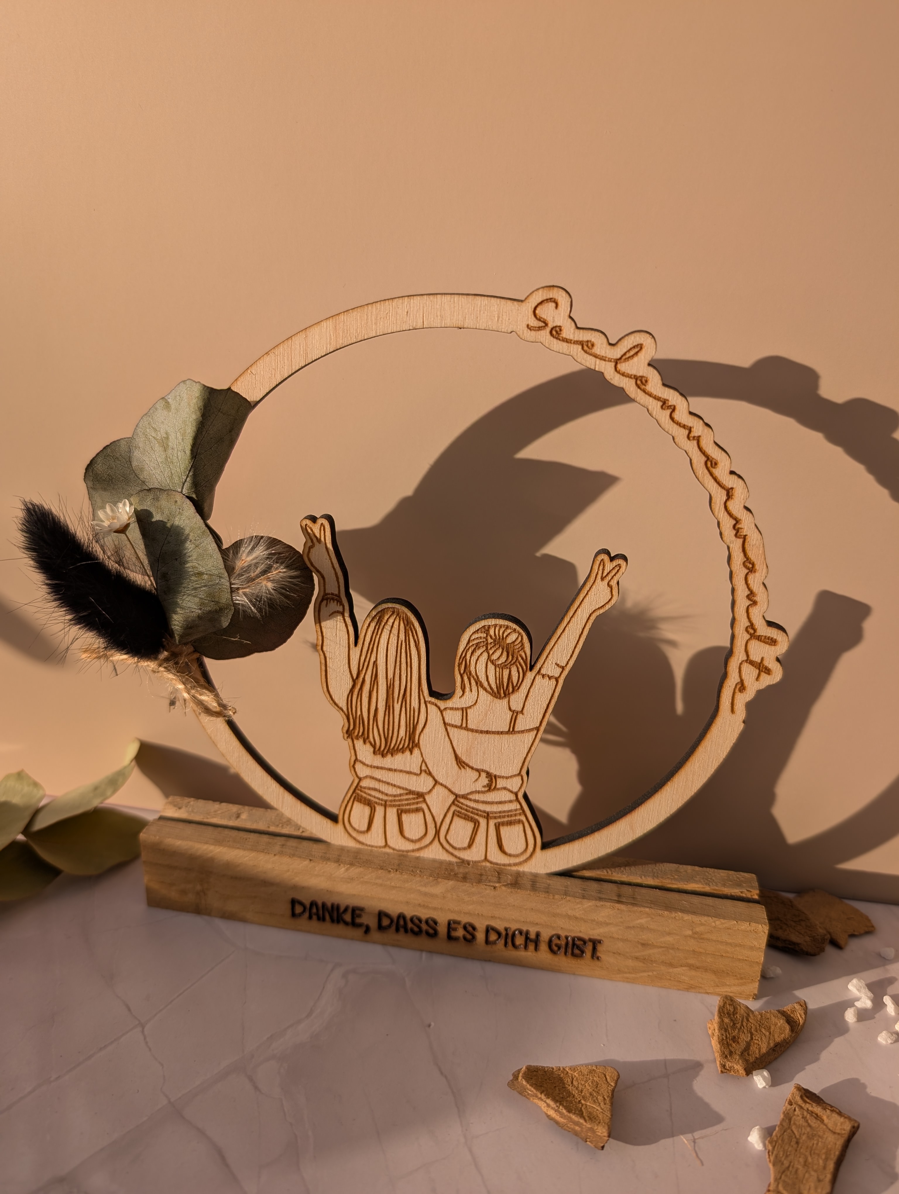 Holz-Aufsteller „Seelenverwandte“ mit Trockenblumen – „Danke, dass es dich gibt“ – Geschenk für die beste Freundin