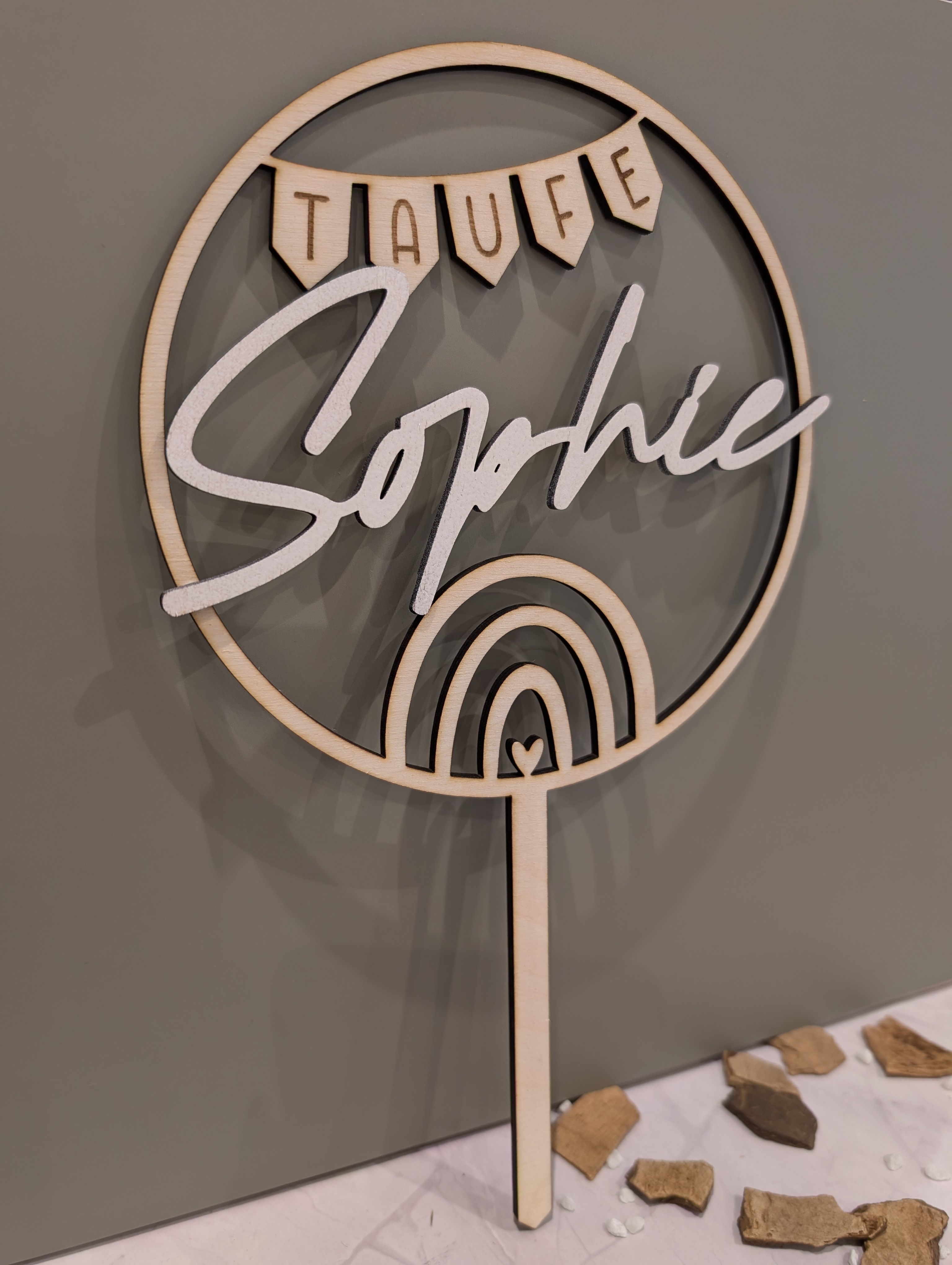 Personalisierter Caketopper Taufe mit Name – Regenbogen aus Holz
