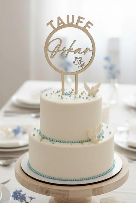 Personalisierter Cake Topper zur Taufe aus Holz | Tortenstecker mit Namen und Datum | Taufdeko 