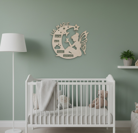 Personalisierte LED Geburtslampe Fee – Holz Nachtlicht mit Name und Geburtsdaten