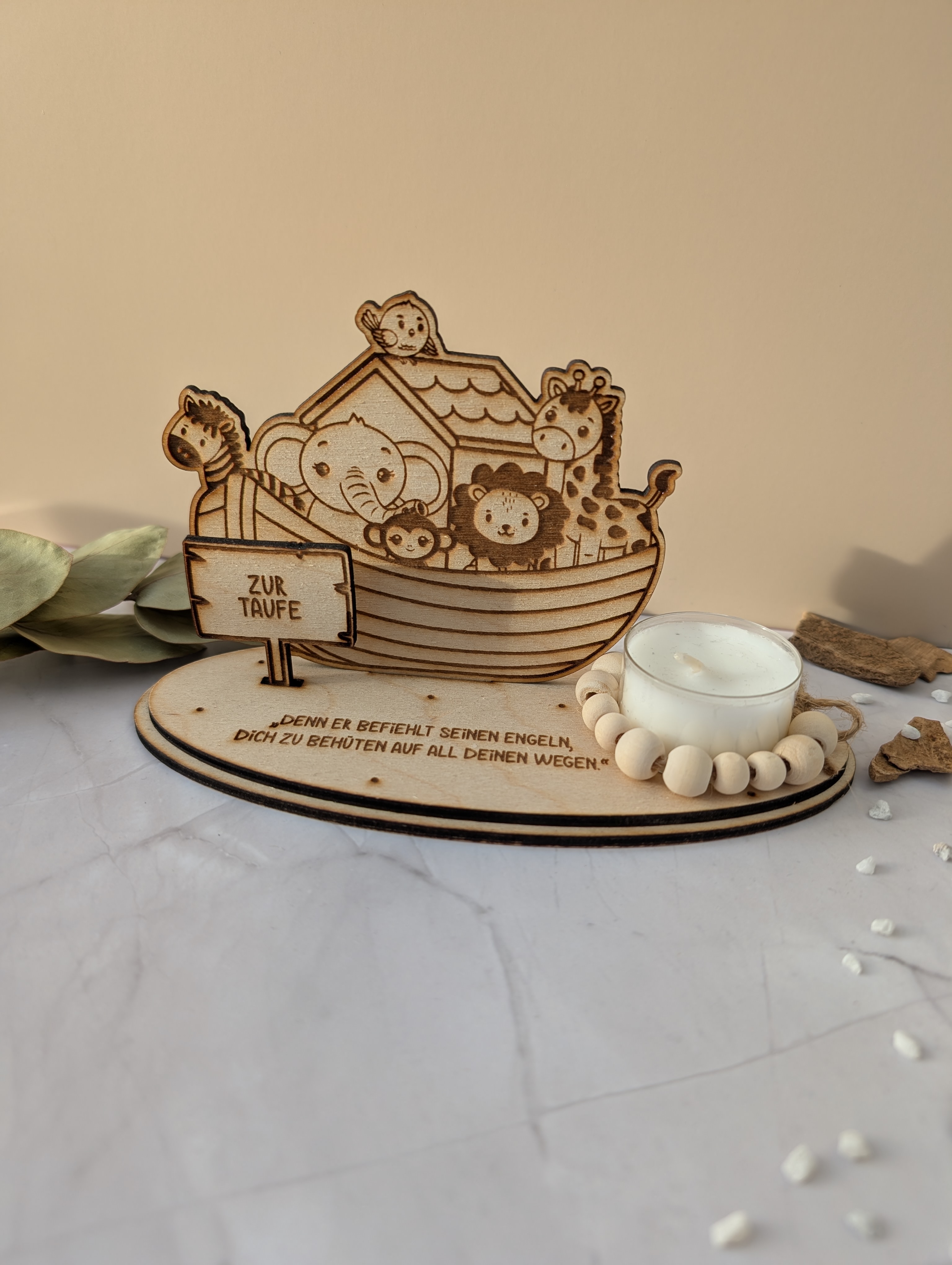 Taufgeschenk Arche Noah mit Kerze – Holzgeschenk zur Taufe
