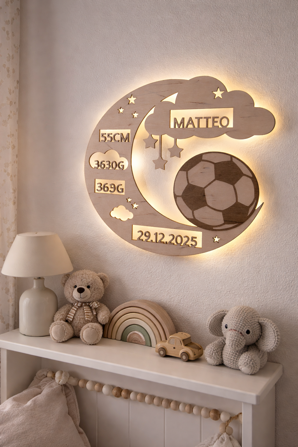 Personalisierte LED Geburtslampe mit Fußballmotiv – Nachtlicht mit Name und Geburtsdaten