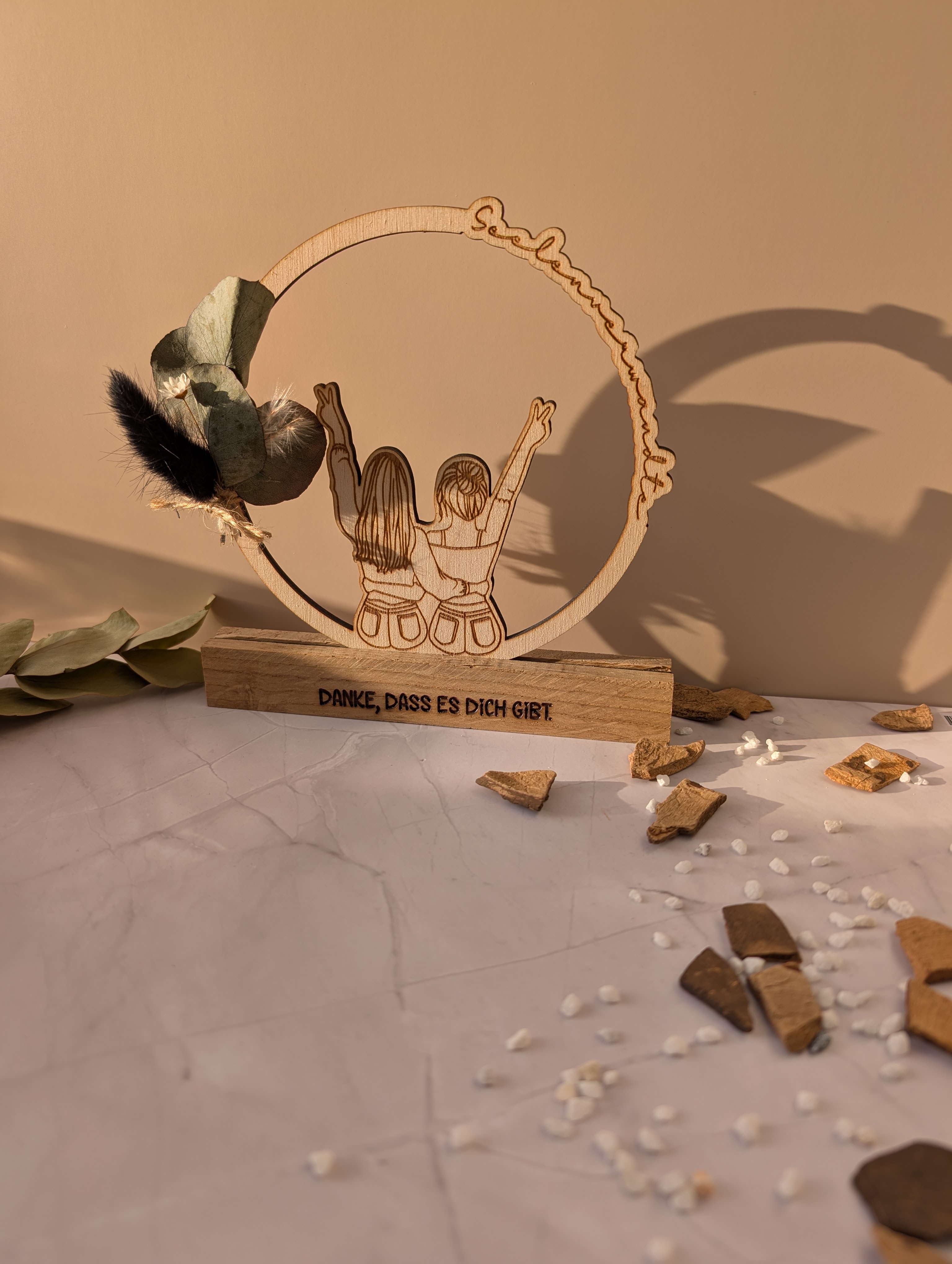 Holz-Aufsteller „Seelenverwandte“ mit Trockenblumen – „Danke, dass es dich gibt“ – Geschenk für die beste Freundin
