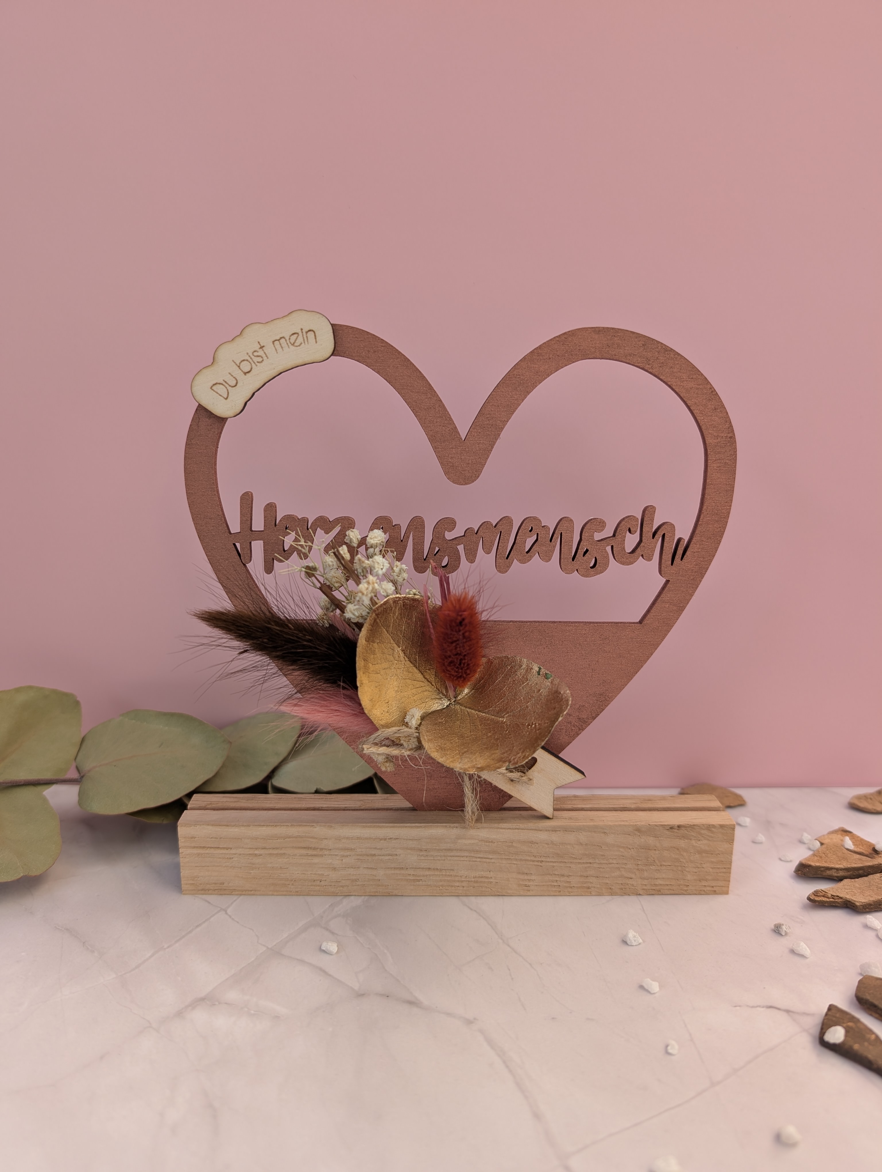 Herzenslicht aus Holz – „Du bist mein Herzensmensch“ mit Trockenblumen