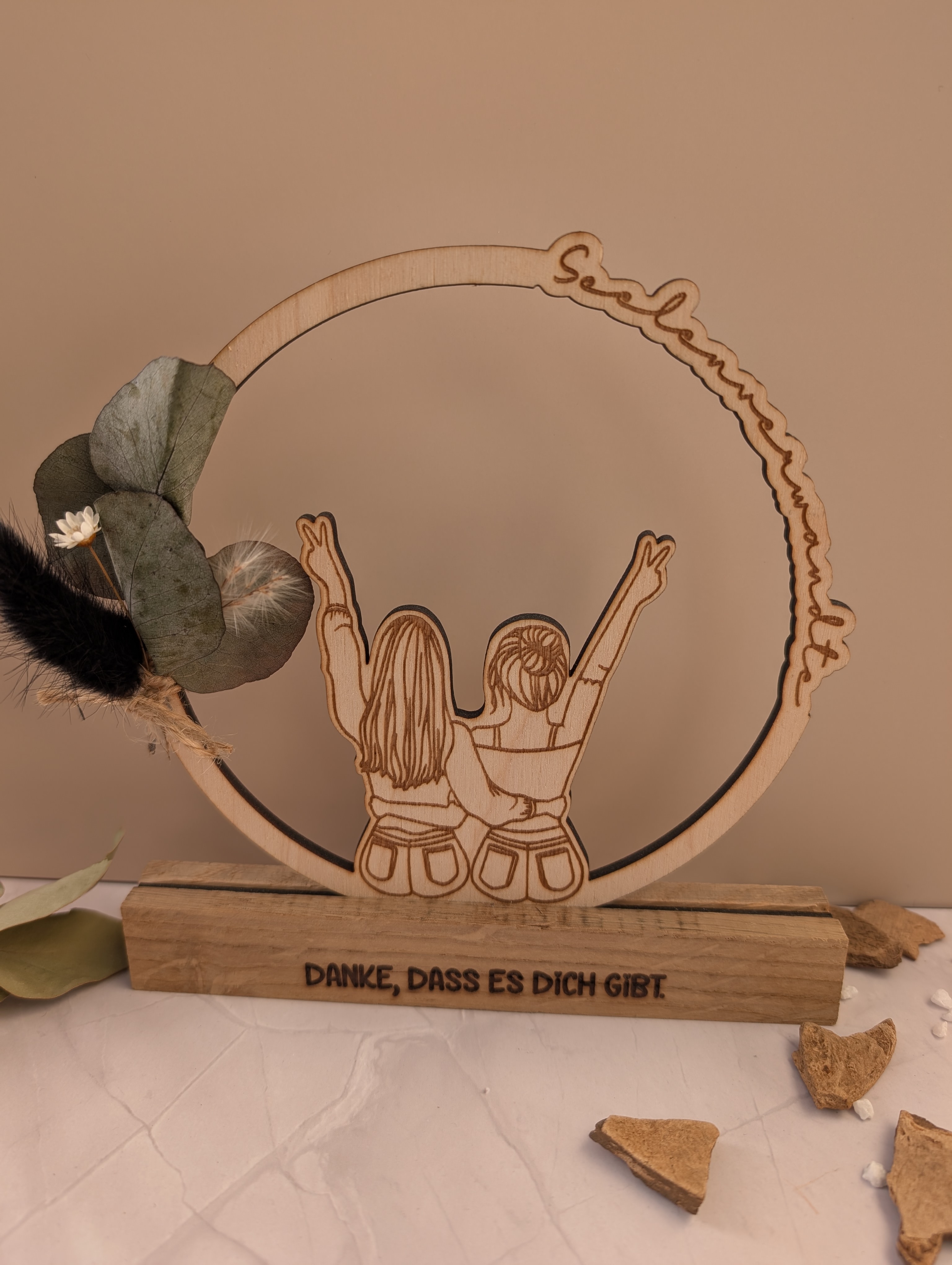 Holz-Aufsteller „Seelenverwandte“ mit Trockenblumen – „Danke, dass es dich gibt“ – Geschenk für die beste Freundin