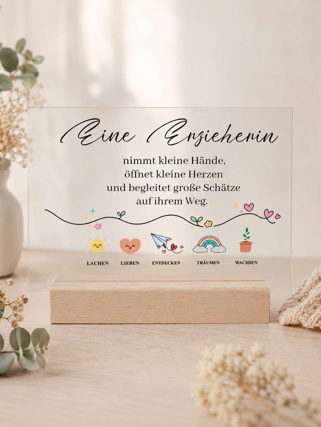 Geschenk für Erzieherin – Acryl-Aufsteller „Eine Erzieherin“ mit Holzsockel | Dankeschön Kita