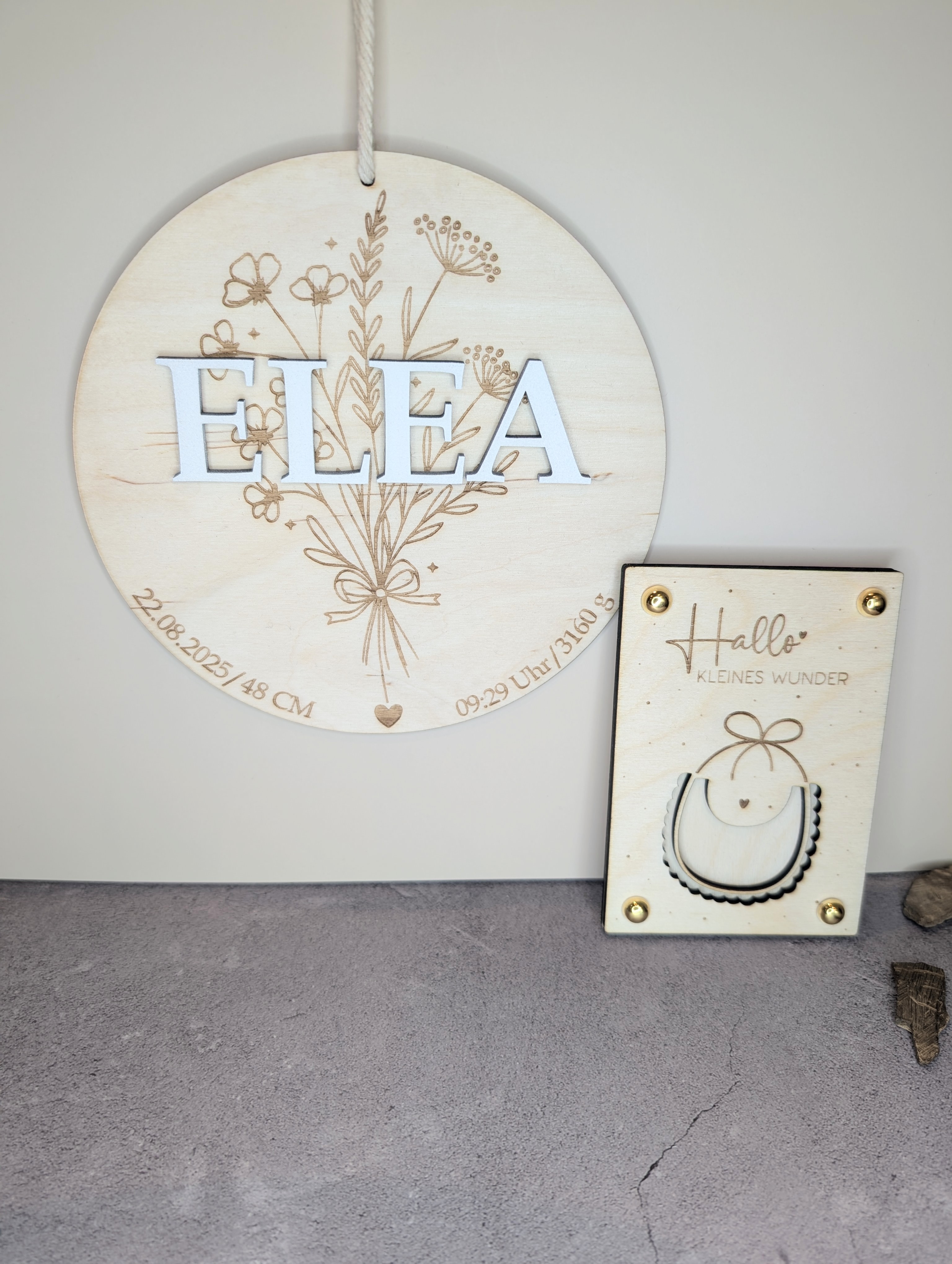Baby Geschenkset zur Geburt – Personalisiertes Holzschild & Wunscherfüller „Hallo kleines Wunder“