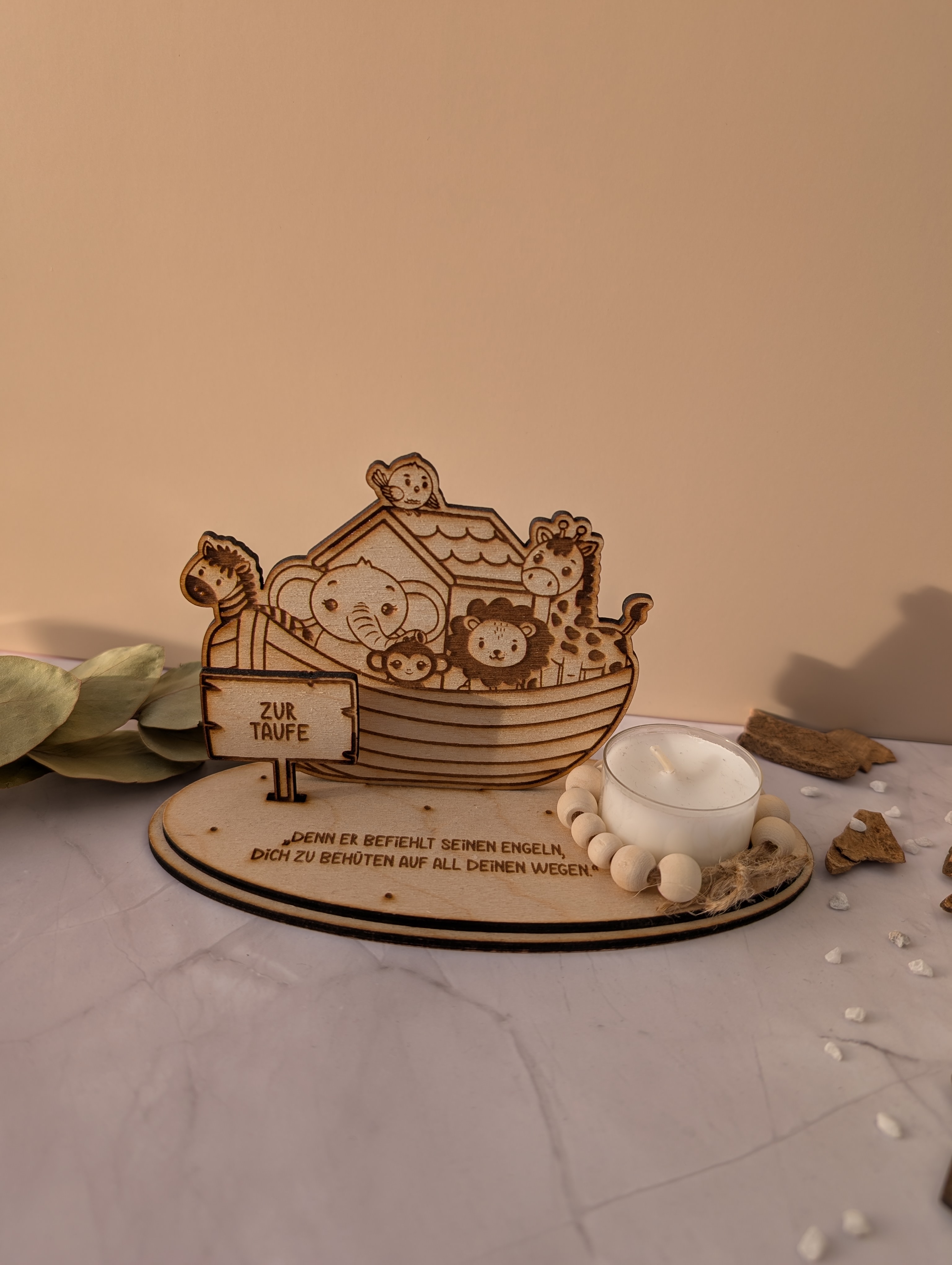 Taufgeschenk Arche Noah mit Kerze – Holzgeschenk zur Taufe