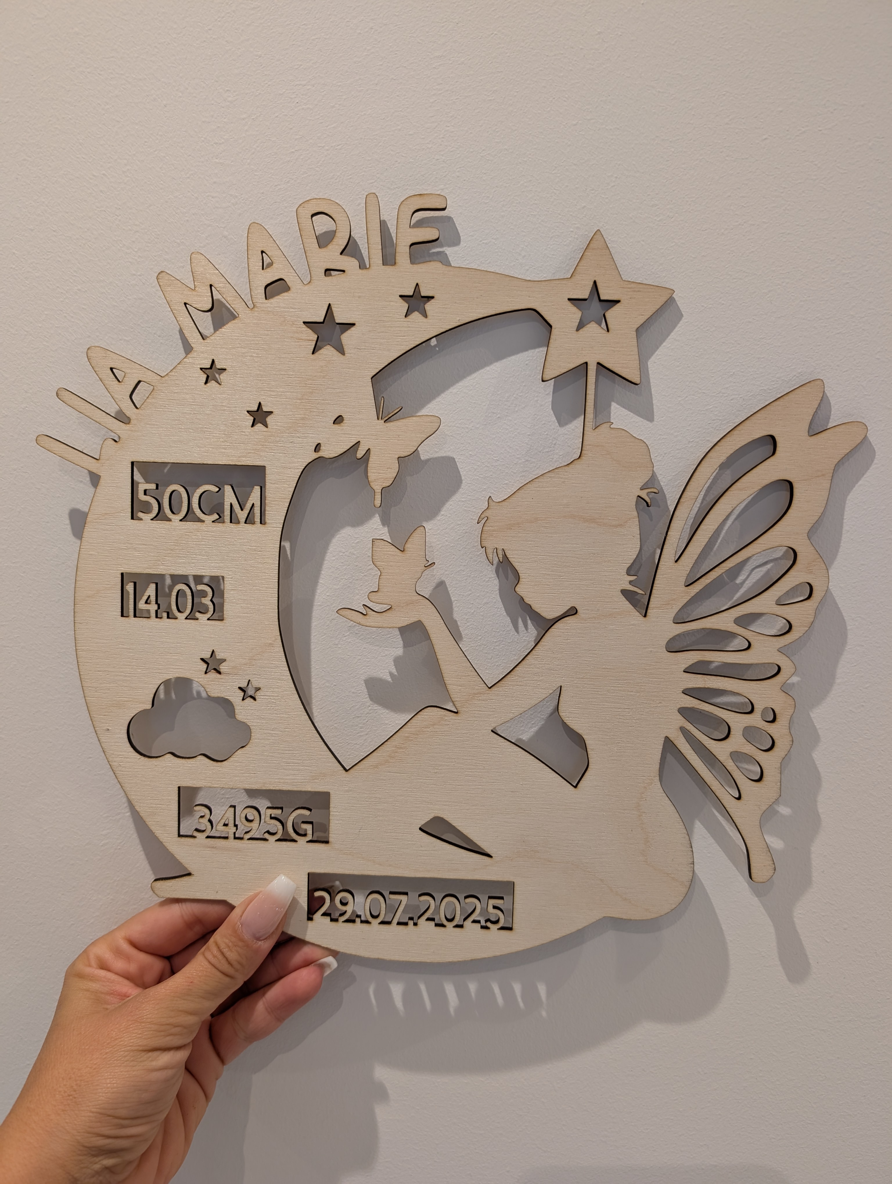 Personalisierte LED Geburtslampe Fee – Holz Nachtlicht mit Name und Geburtsdaten