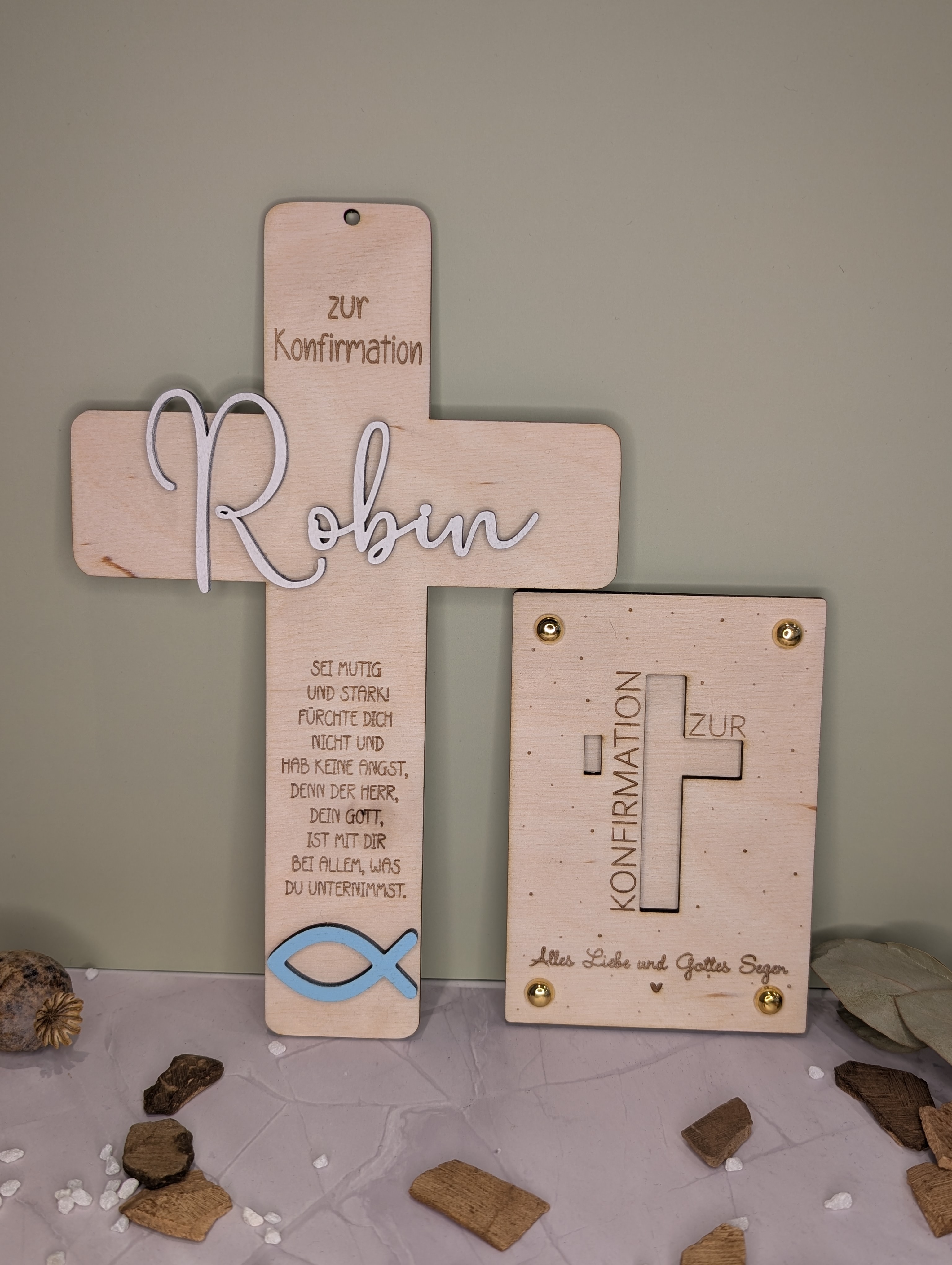 Geschenk Set zur Kommunion & Konfirmation aus Holz – Kreuz & Karte personalisierbar mit Name