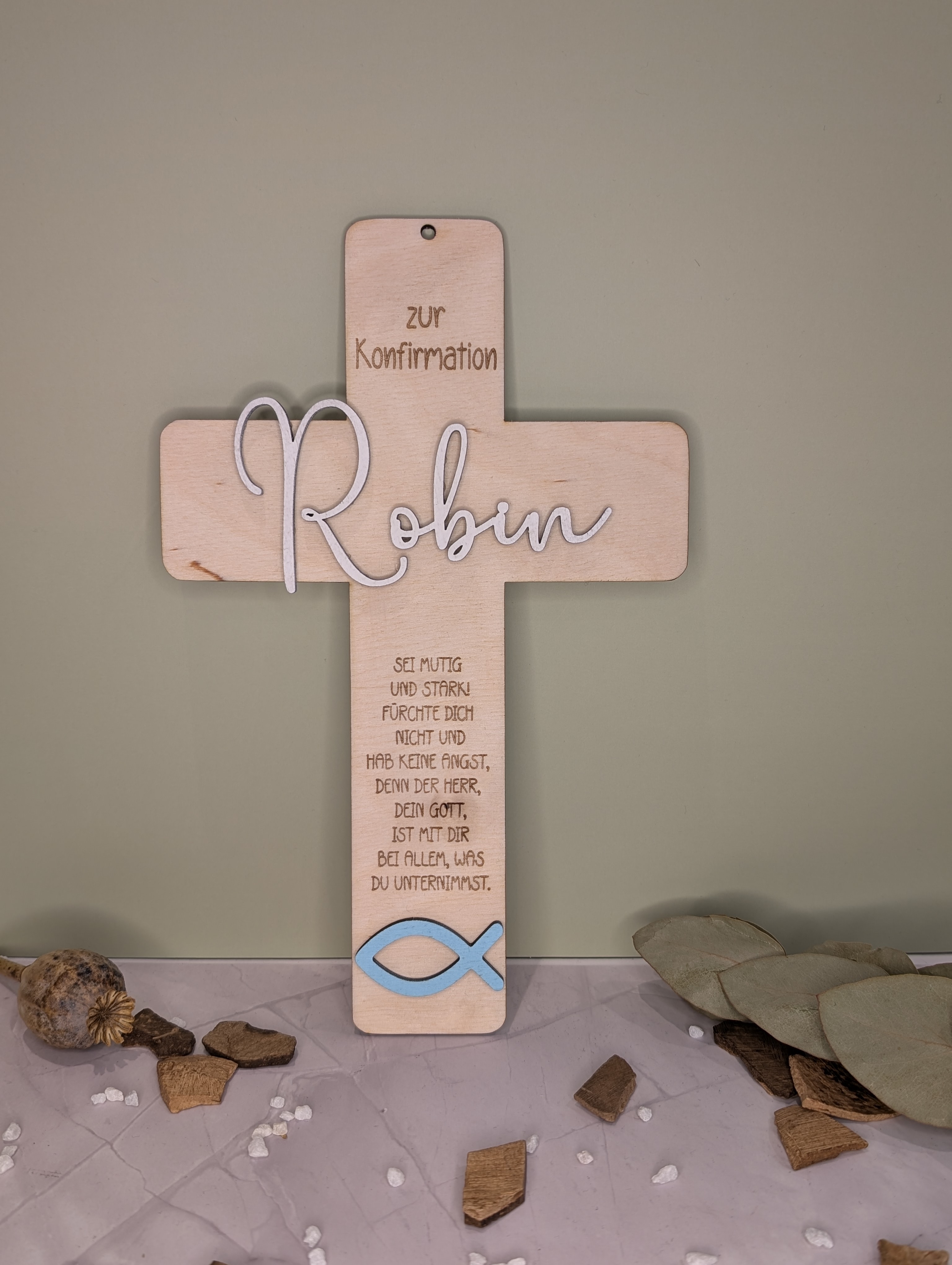 Geschenk Set zur Kommunion & Konfirmation aus Holz – Kreuz & Karte personalisierbar mit Name