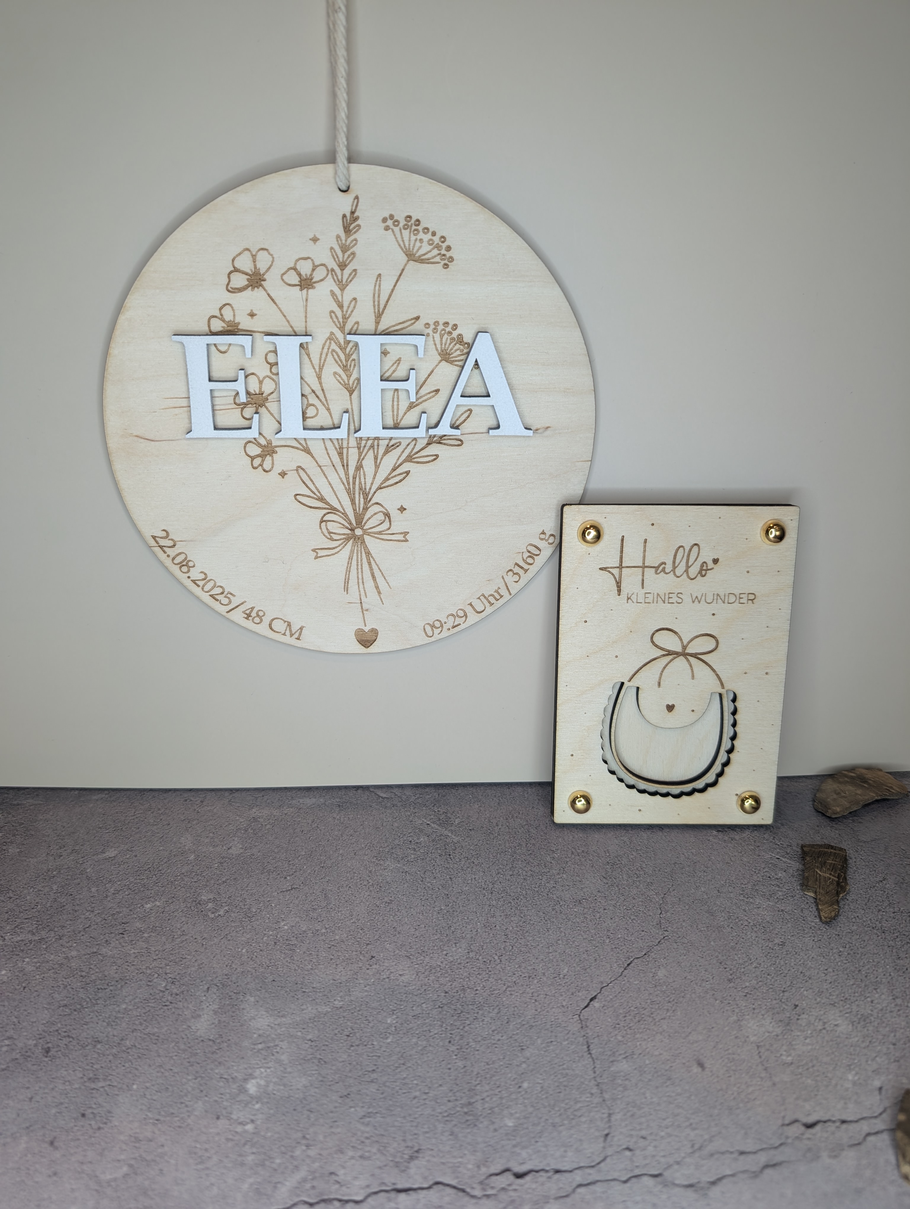 Baby Geschenkset zur Geburt – Personalisiertes Holzschild & Wunscherfüller „Hallo kleines Wunder“