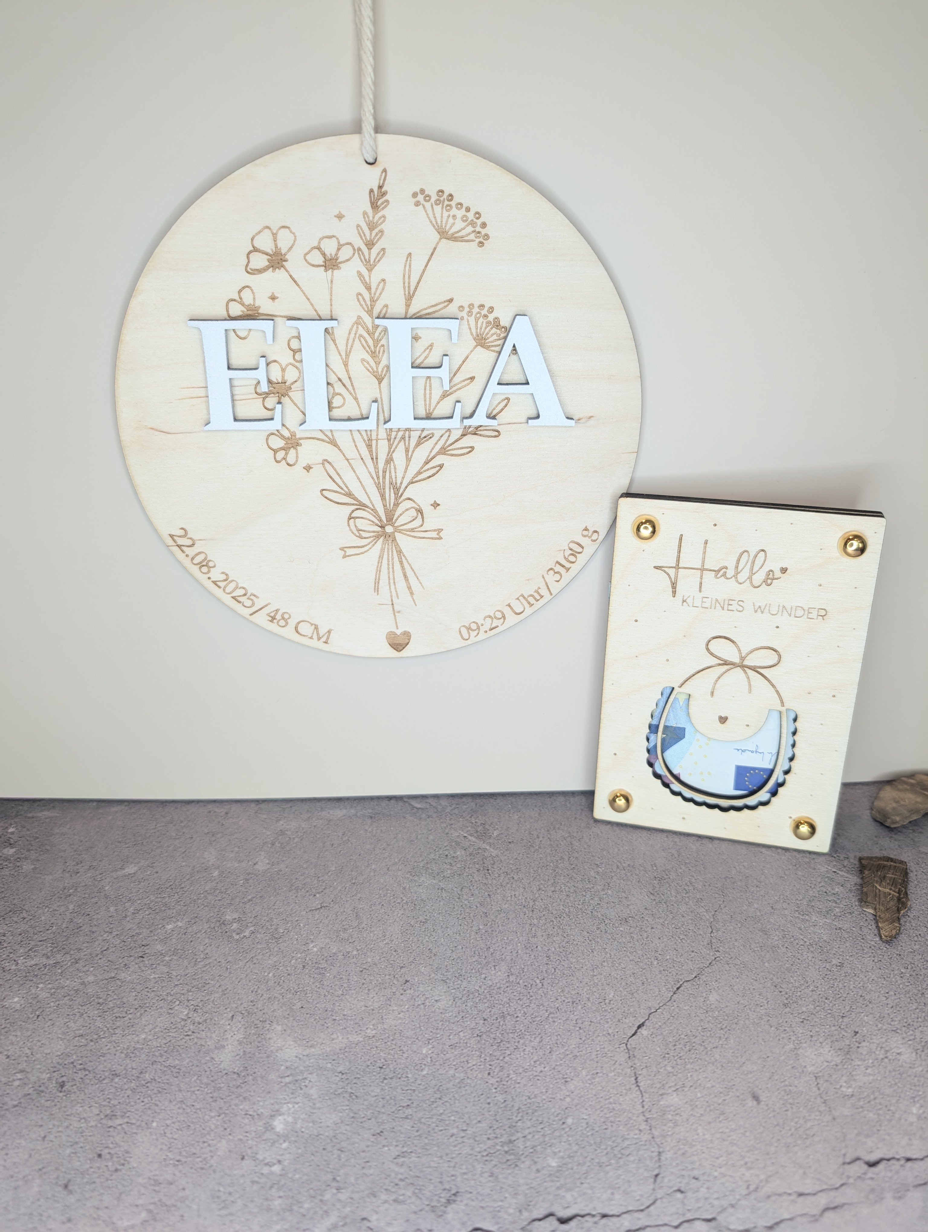 Baby Geschenkset zur Geburt – Personalisiertes Holzschild & Wunscherfüller „Hallo kleines Wunder“