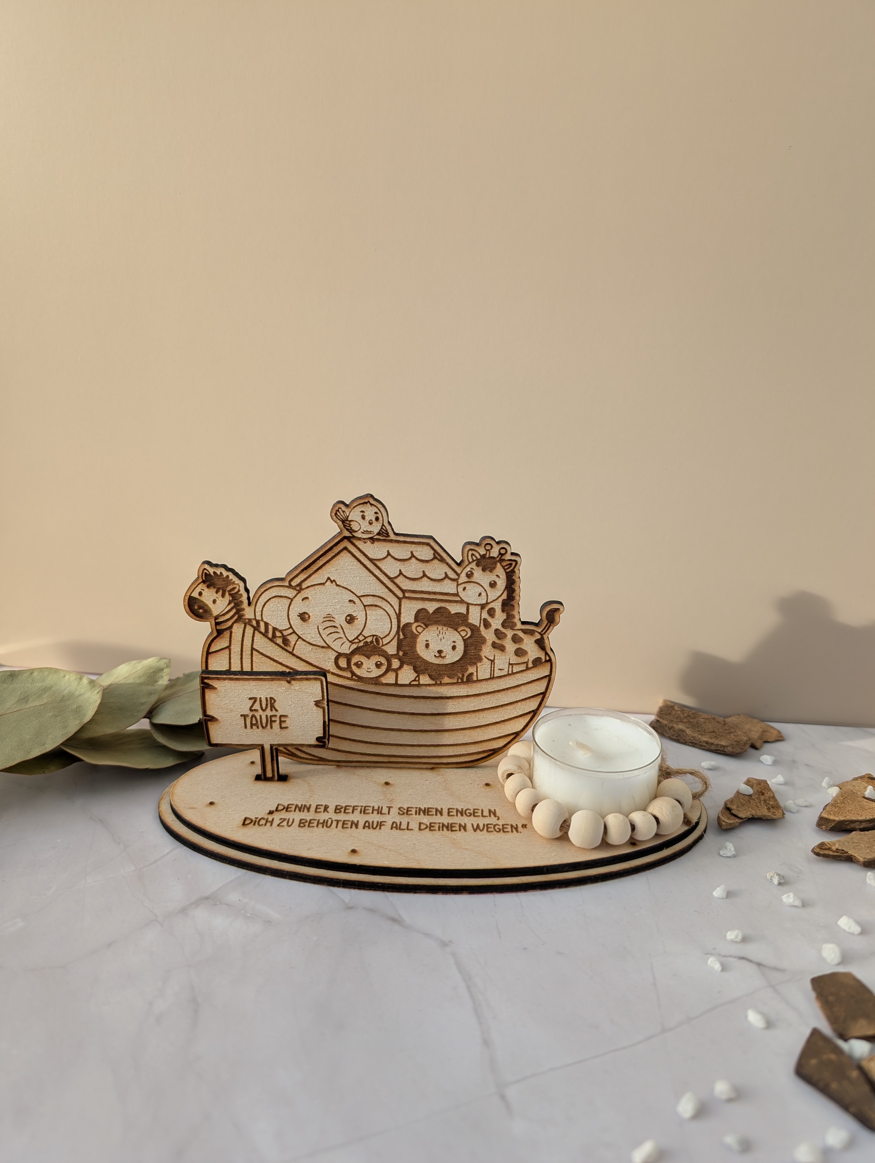 Taufgeschenk Arche Noah mit Kerze – Holzgeschenk zur Taufe