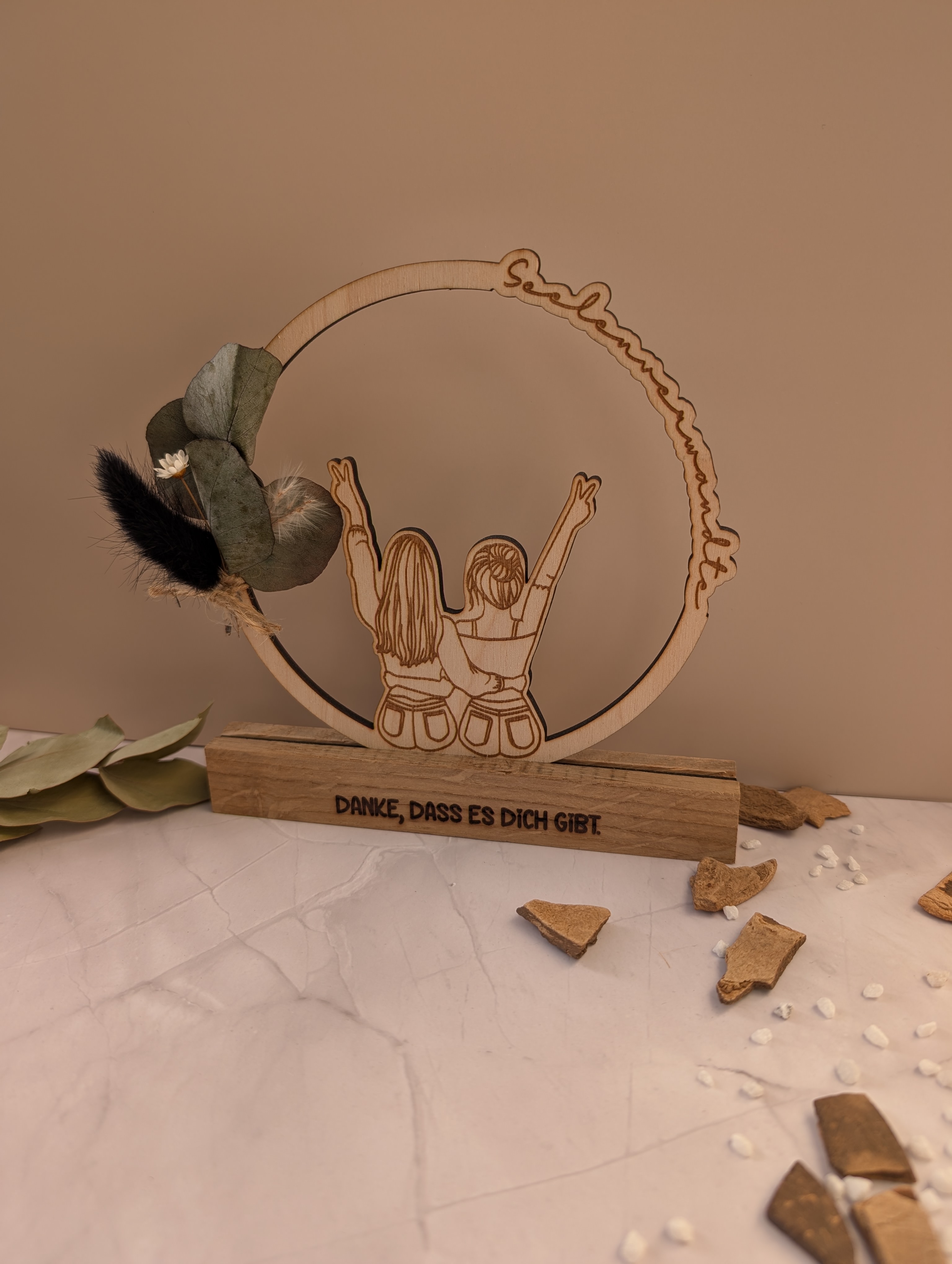 Holz-Aufsteller „Seelenverwandte“ mit Trockenblumen – „Danke, dass es dich gibt“ – Geschenk für die beste Freundin