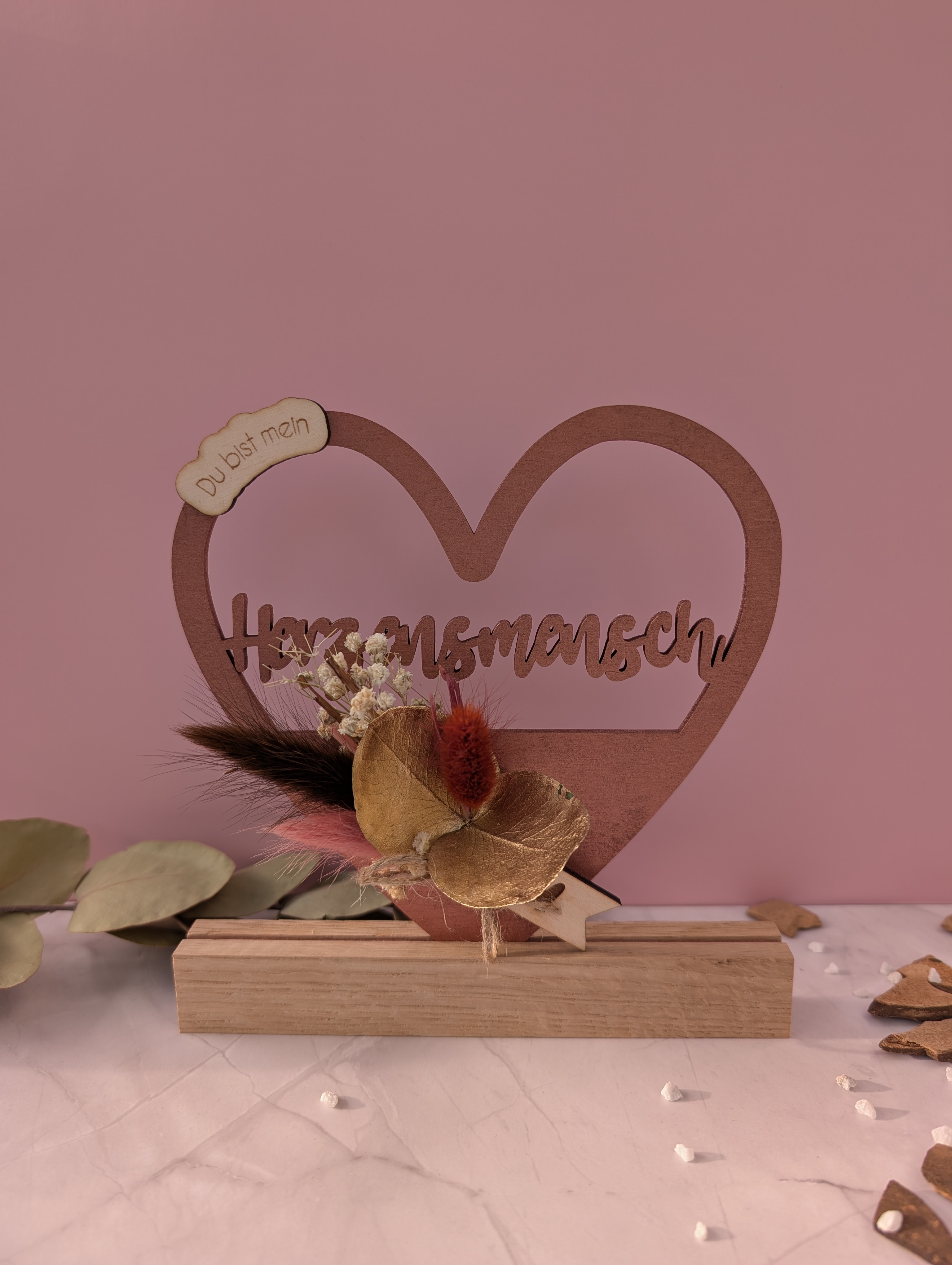 Herzenslicht aus Holz – „Du bist mein Herzensmensch“ mit Trockenblumen