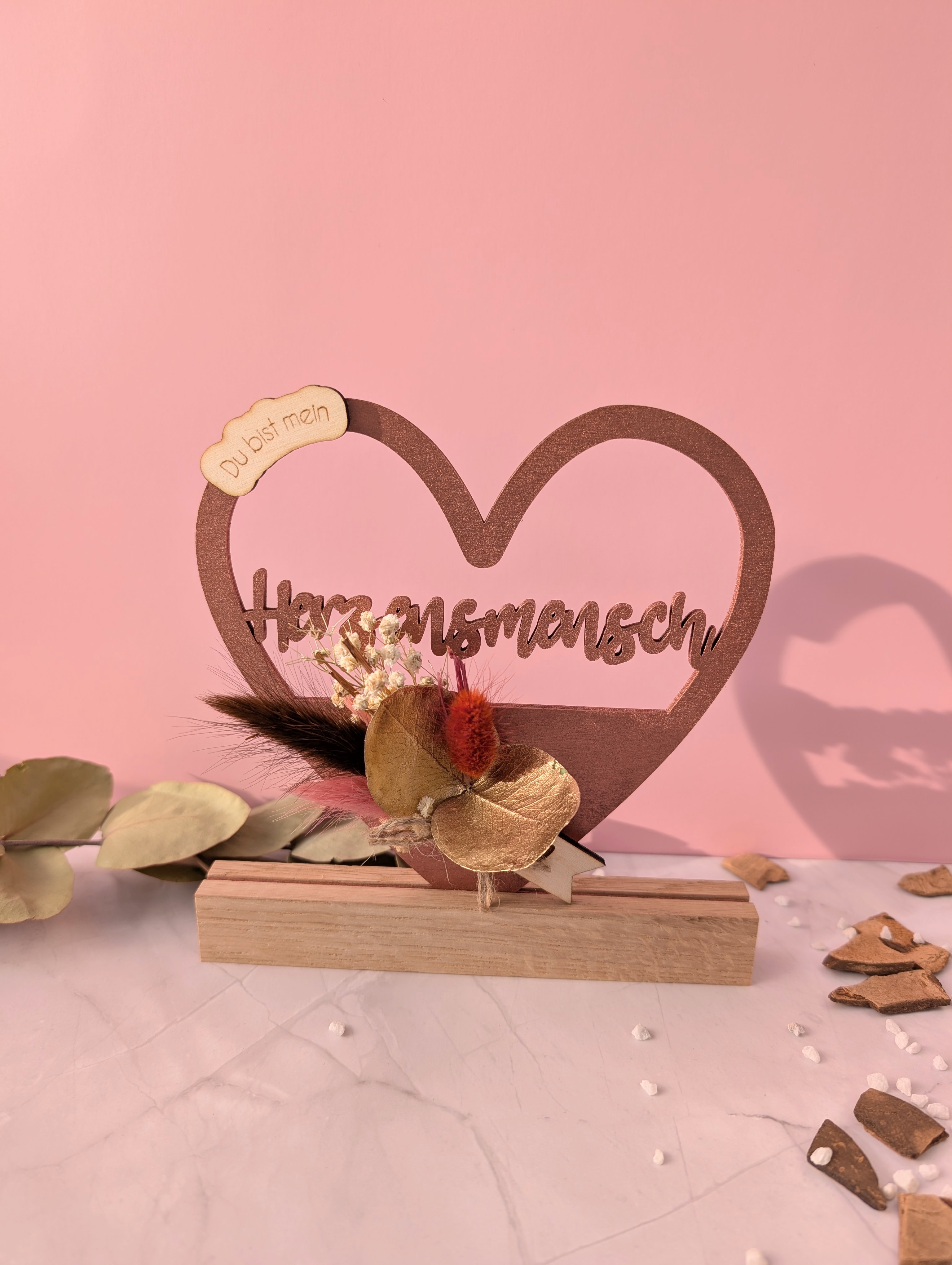 Herzenslicht aus Holz – „Du bist mein Herzensmensch“ mit Trockenblumen