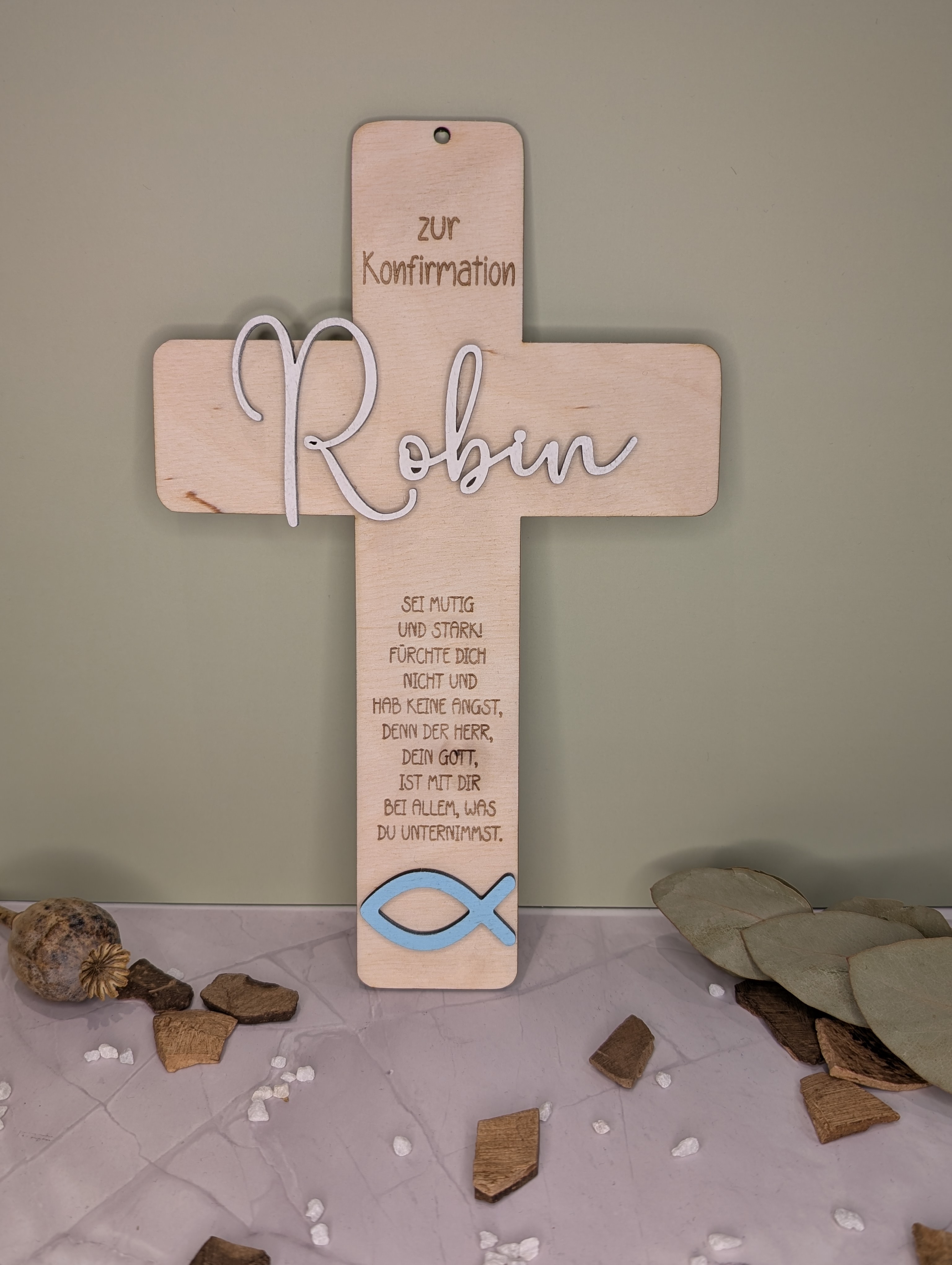 Geschenk Set zur Kommunion & Konfirmation aus Holz – Kreuz & Karte personalisierbar mit Name