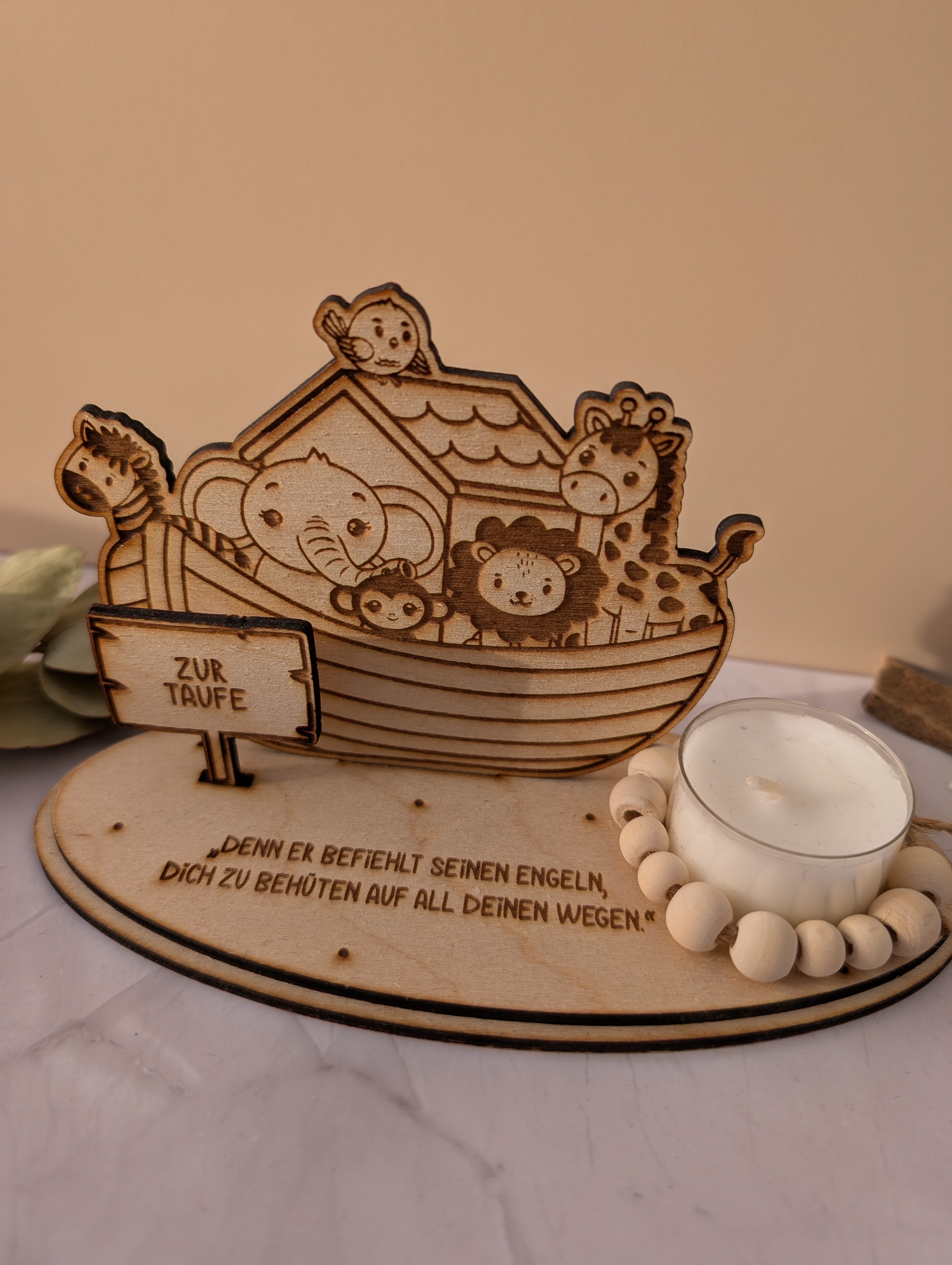 Taufgeschenk Arche Noah mit Kerze – Holzgeschenk zur Taufe